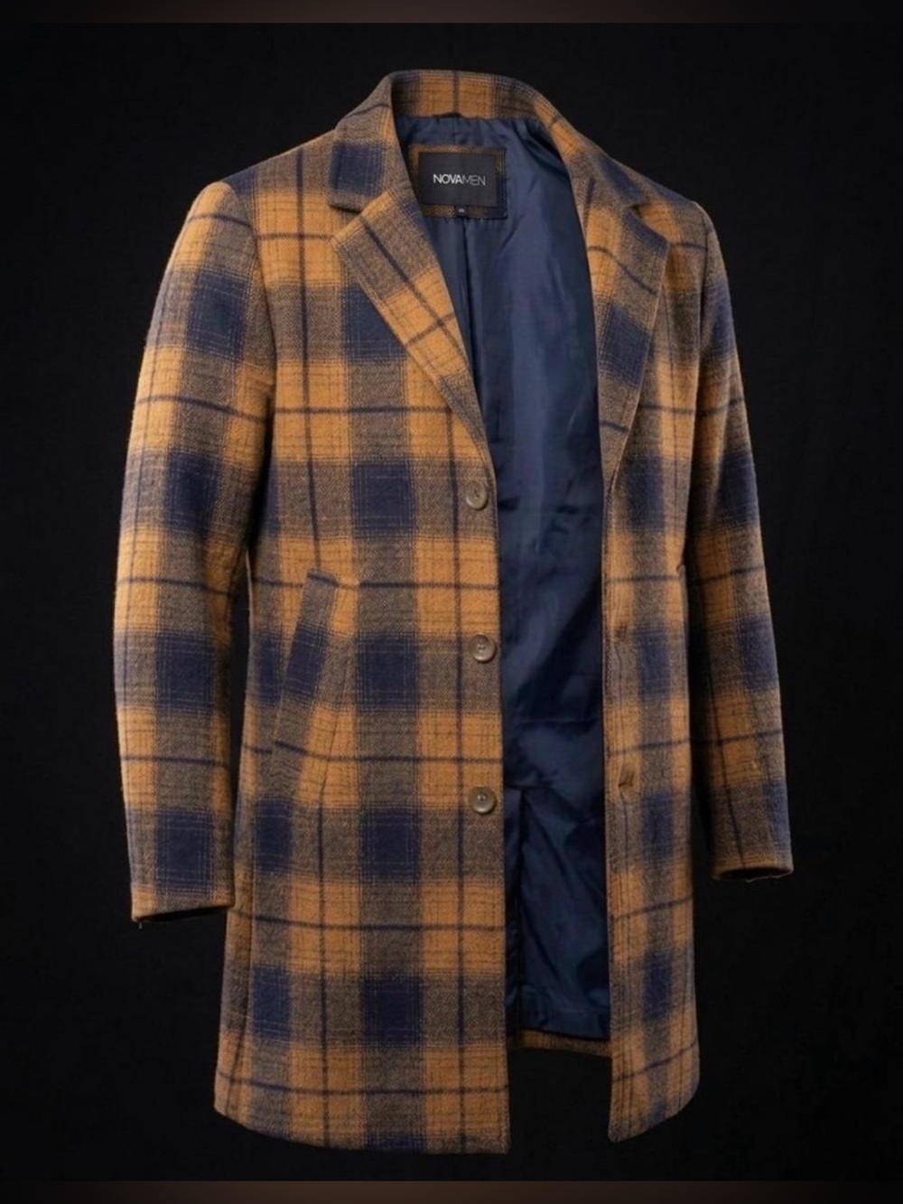 NOVAMEN Men's Plaid Longline Overcoat - Mustard & Navy - Size Small (S)